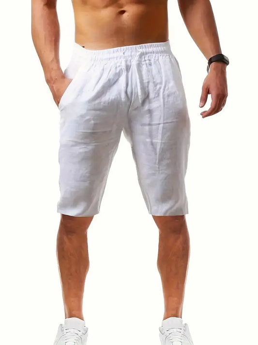 Chic Design Men's Solid Knee Long Shorts With Drawstring And Pockets, Casual And Trendy Comfy Shorts For Summer Daily And Beach Leisurewear