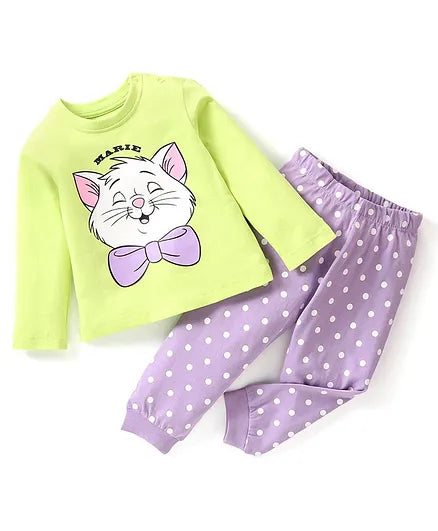 Babyhug Disney Single Jersey Full Sleeve Night Suit With Marie Graphics - Green & Purple