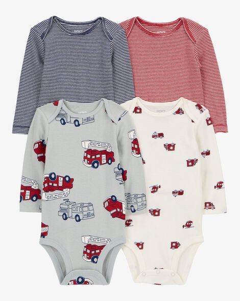Baby 4-Pack Long-Sleeve Firetruck Bodysuits