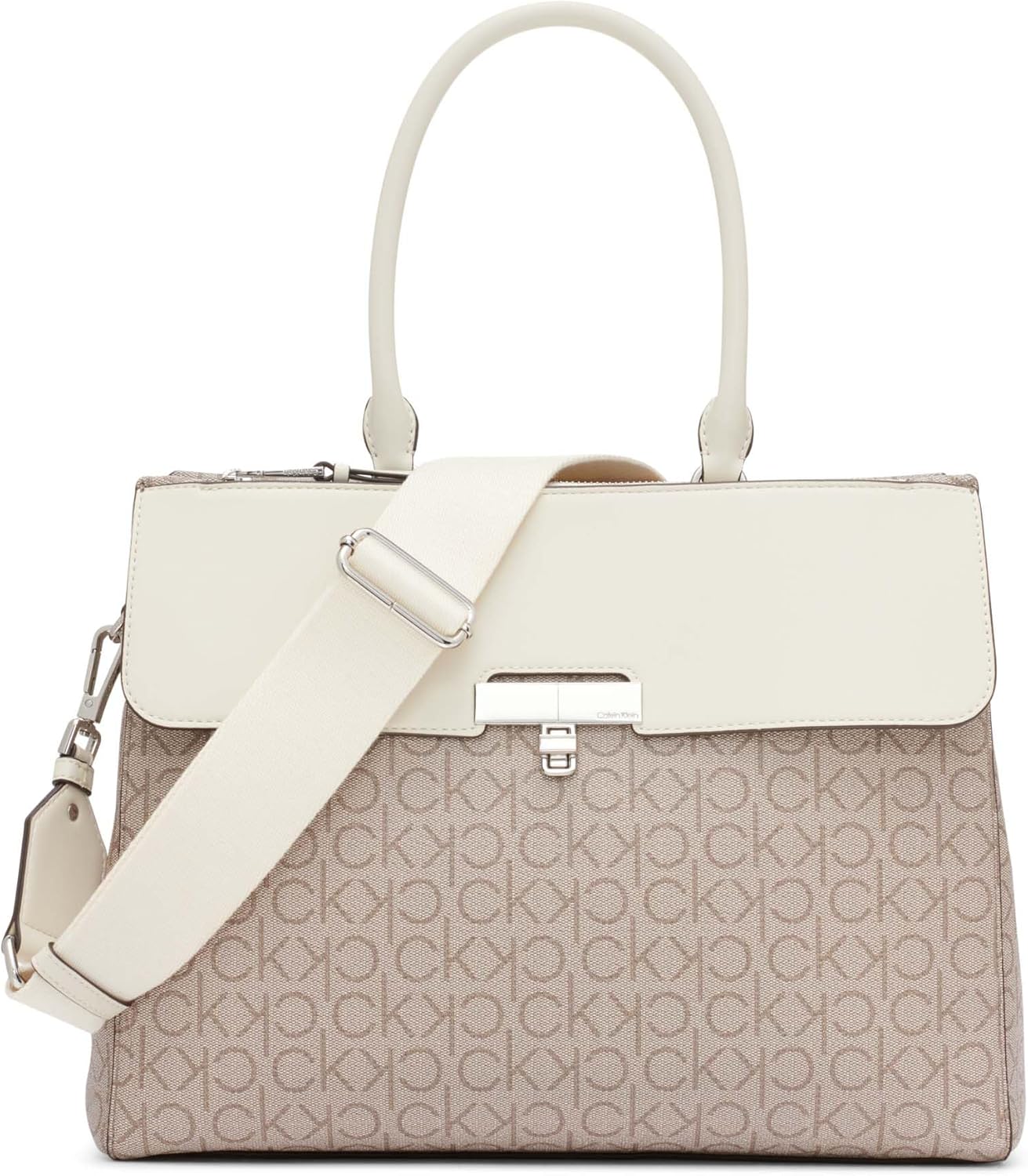 Calvin Klein Becky Tote Bag – 2 in 1, Vegan Leather, Monogram, 3 Pockets