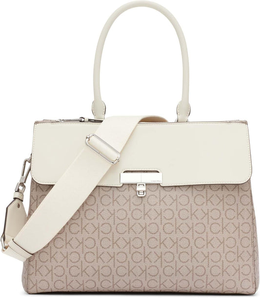 Calvin Klein Becky Tote Bag – 2 in 1, Vegan Leather, Monogram, 3 Pockets