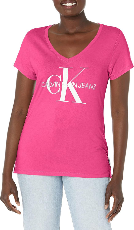 Calvin Klein Jeans Women's Foil Monogram Logo V-Neck Short Sleeve Tee Iconic