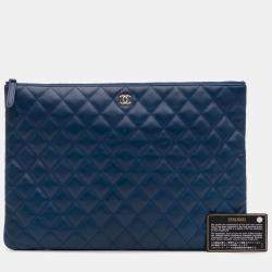 Chanel Large Blue Quilted Chanel Clutch Bag in Sheepskin