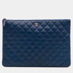 Chanel Large Blue Quilted Chanel Clutch Bag in Sheepskin