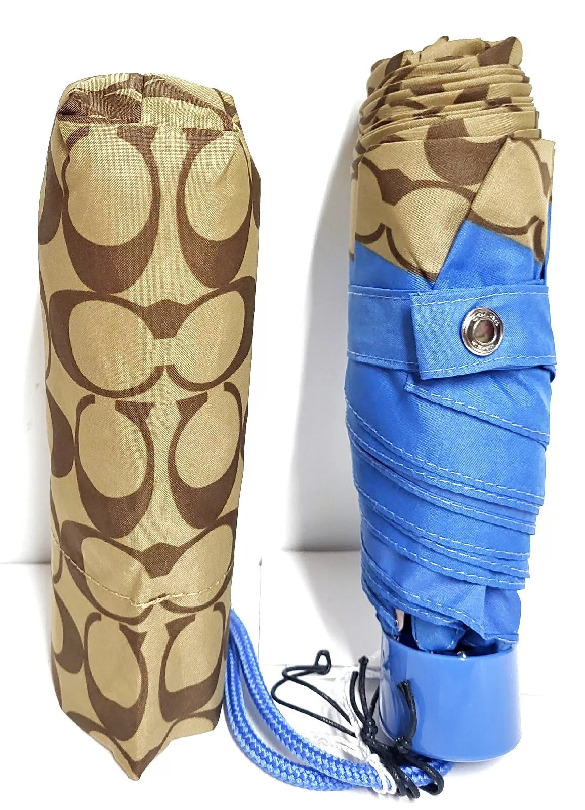 Coach Mini Umbrella Signature Print UV Protection Racer Blue Silver Khaki NWT