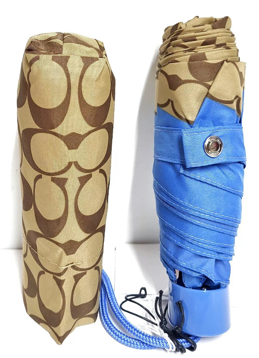 Coach Mini Umbrella Signature Print UV Protection Racer Blue Silver Khaki NWT