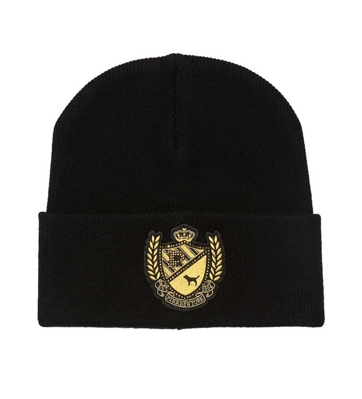 Victoria's Secret PINK Graphic Logo Rib Knit Beanie Hat Color Black Crest Logo