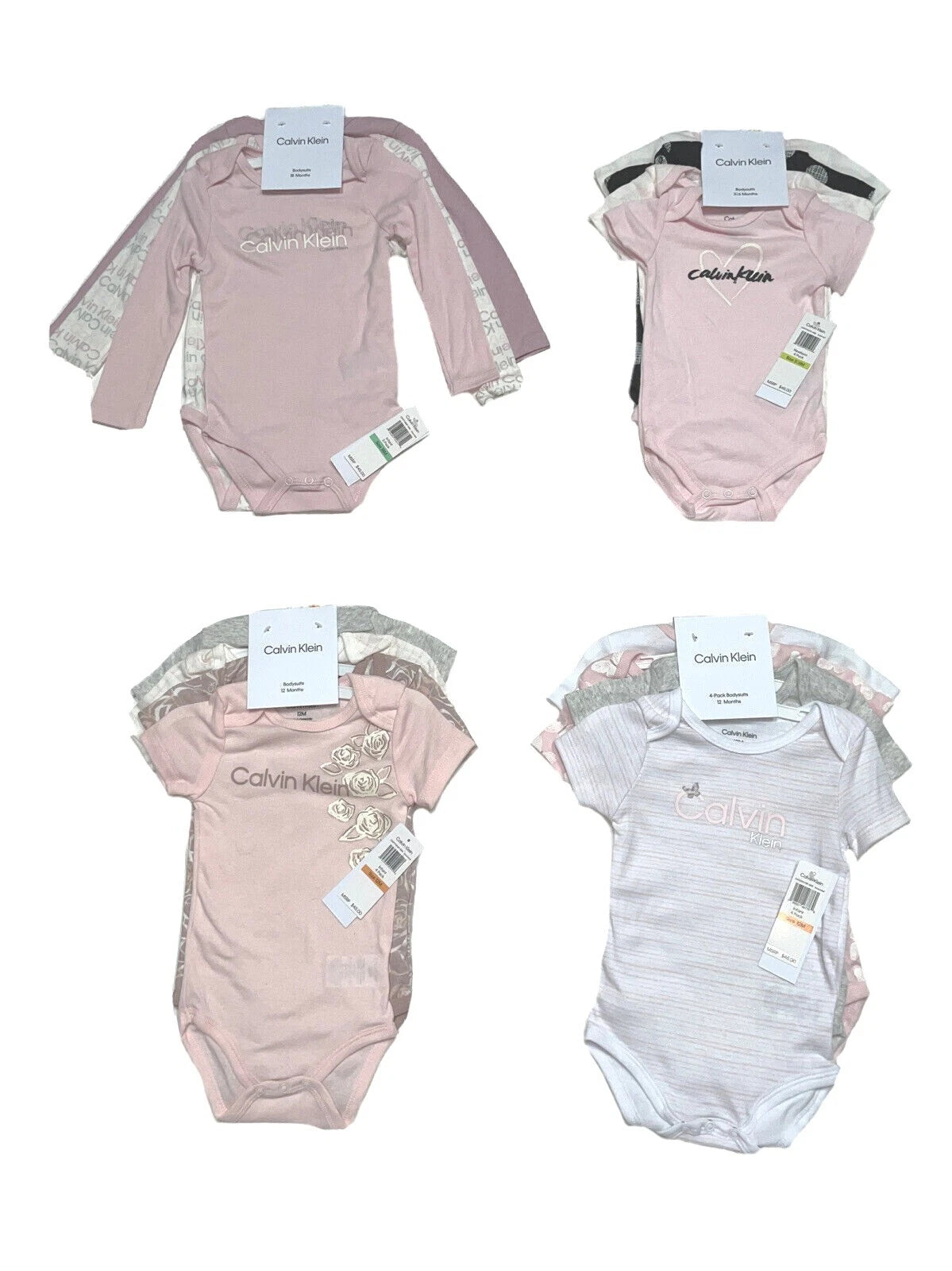 Calvin Klein Baby Girls 3-4 Pack Bodysuits, Short or Long Sleeve; 3/6M thru 18M
