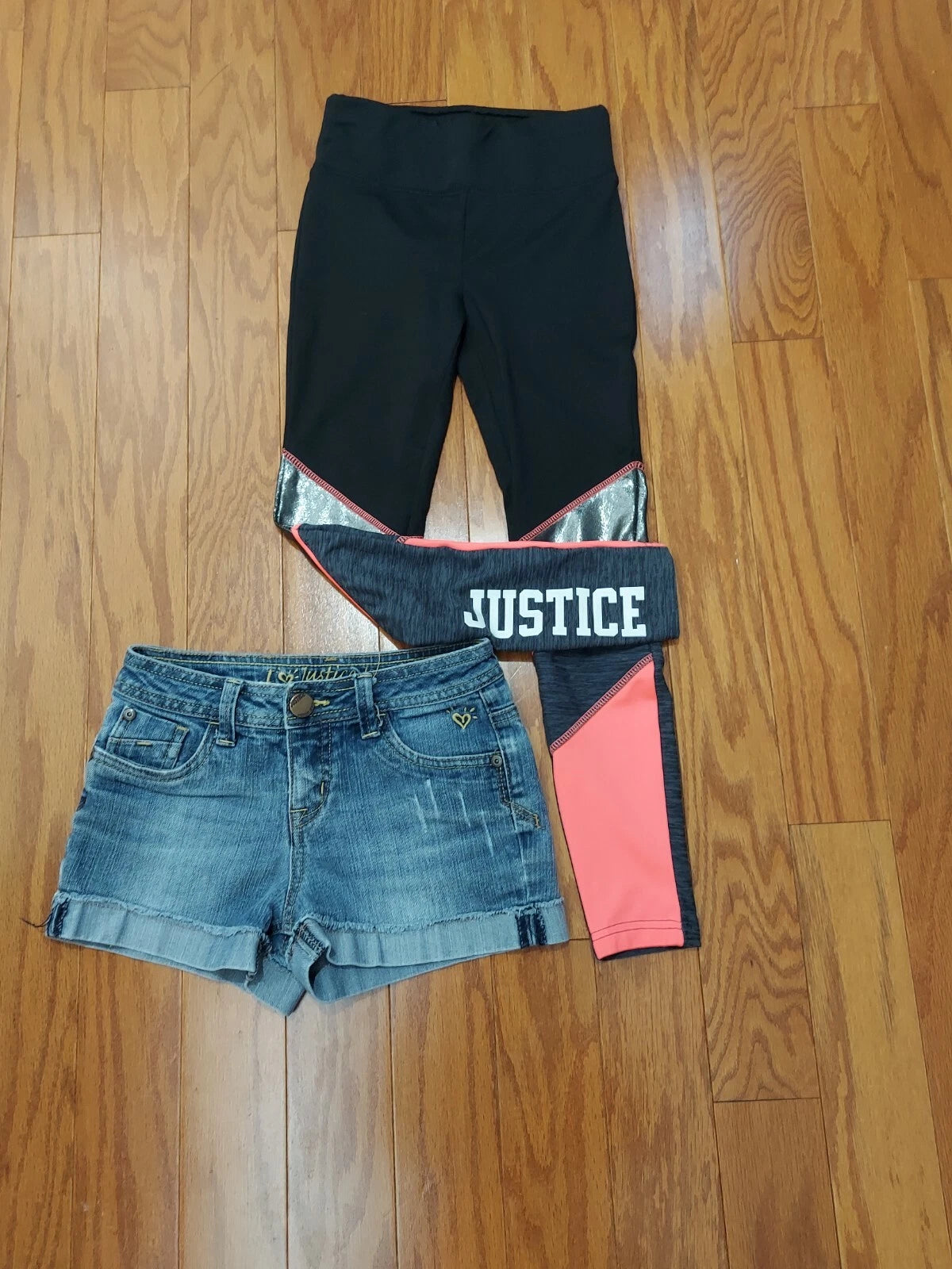 JUSTICE bottoms for girls' . Size 8. Leggings and jean shorts.